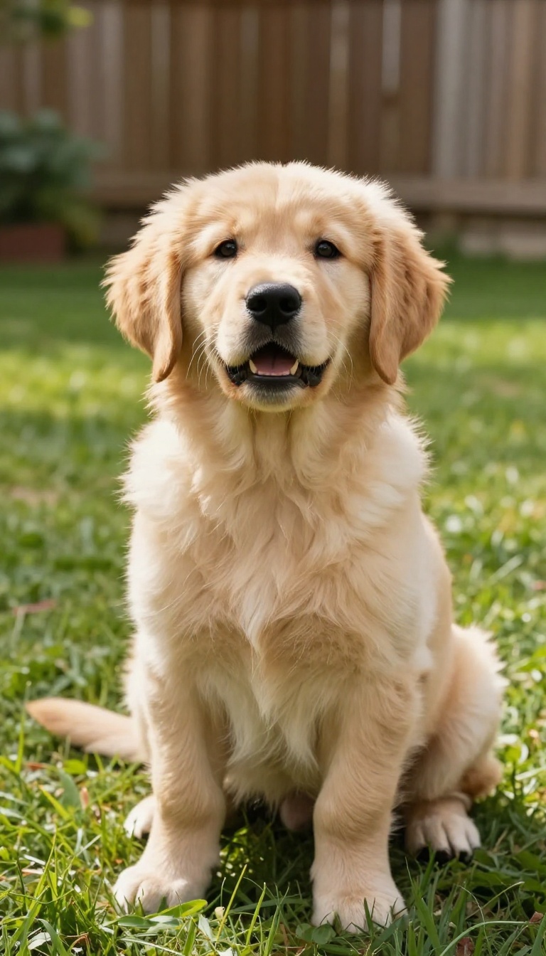 Golden retriever puppy looking up attentively in a sunlit backyard, representing a training moment for the Name Game.