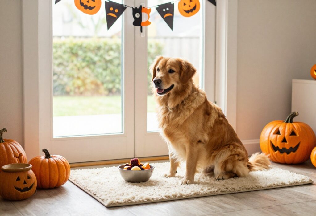Dog sitting calmly on a mat near the front door during Halloween