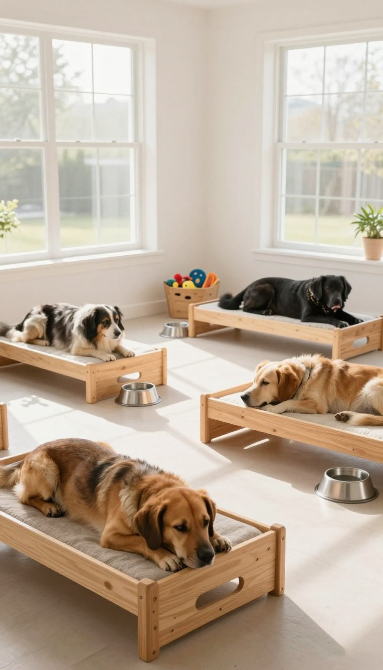 Three dogs relaxing on separate beds in a bright living room with multiple water bowls and a toy bin, illustrating proactive resource management for a calm multi-dog household.
