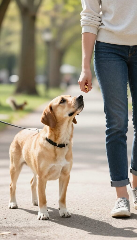 Person teaching a dog to leave a distraction during a walk
