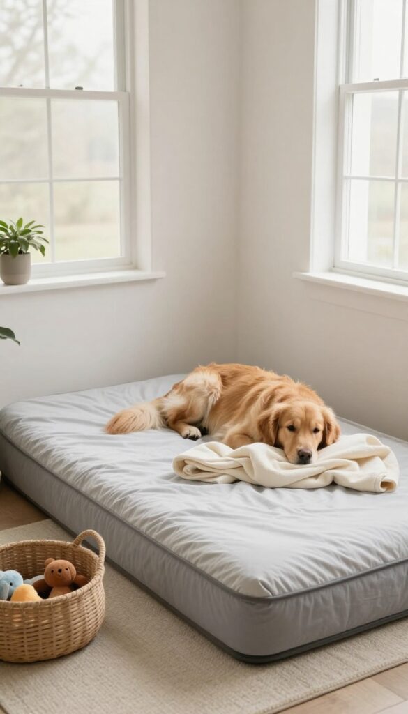Dog resting on a crib mattress repurposed as a spacious dog bed in a bright living room corner