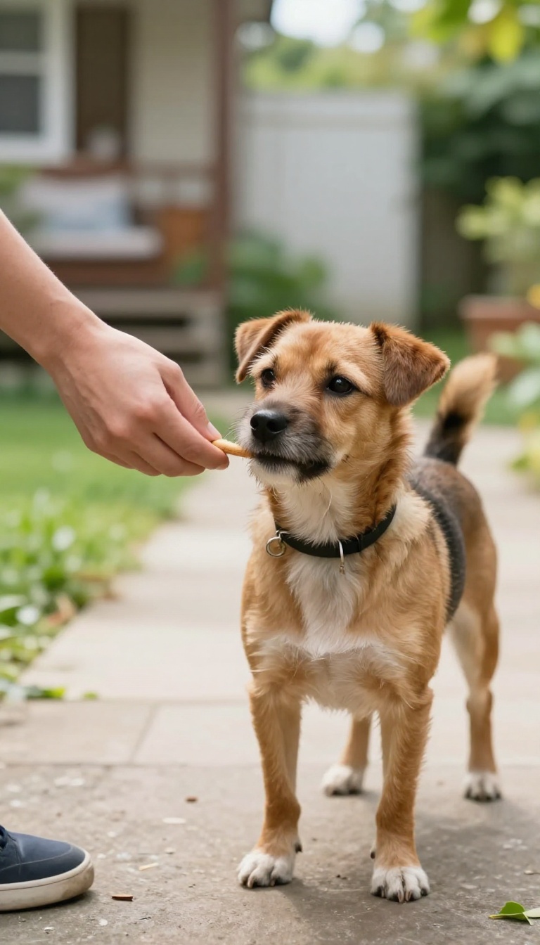 Shy dog taking a brave step forward toward a treat in a sunlit garden, symbolizing daily small wins in confidence building.
