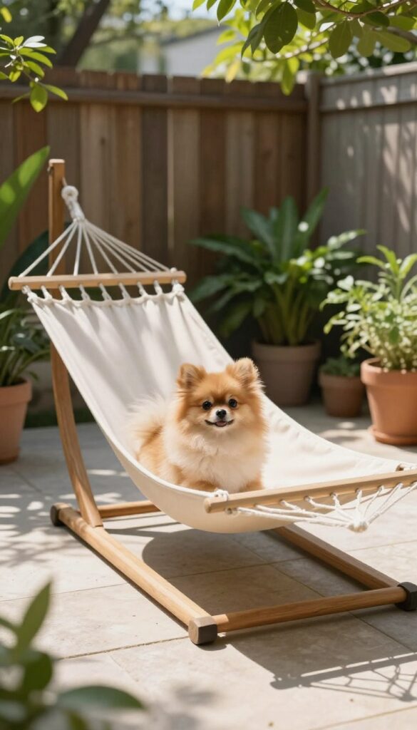 Small dog resting in a hammock-style bed on a sunny patio with plants and wooden fence