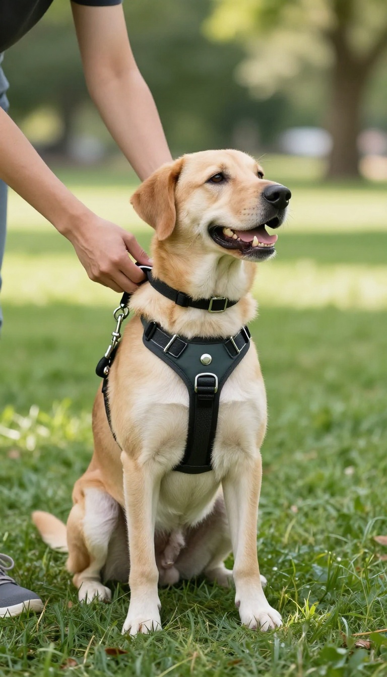 Hands adjusting a front-clip harness on a dog with a standard leash in a sunny park
