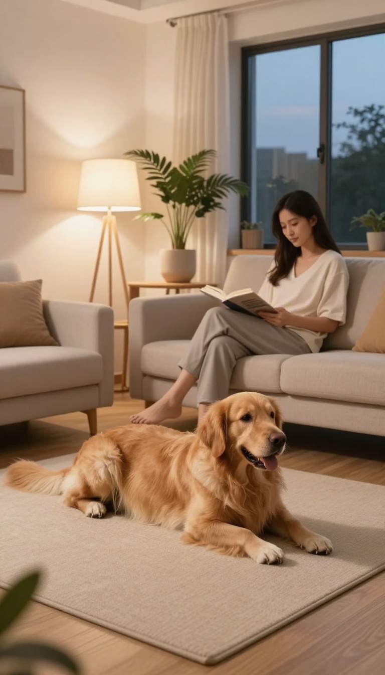 Dog relaxing on a mat in a cozy living room during the evening, with owner reading nearby.