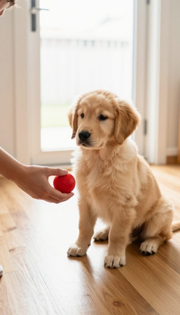 A person holding a red ball while a puppy sits by an open door, illustrating real-life training moments.
