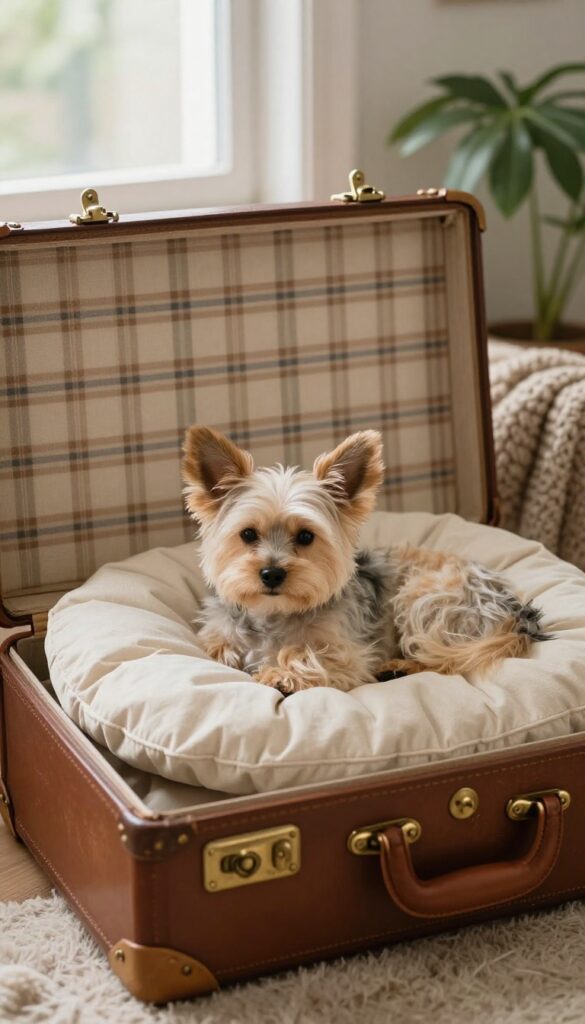 A repurposed vintage suitcase serving as a cozy dog bed with a small dog resting inside, in a bright, rustic interior.