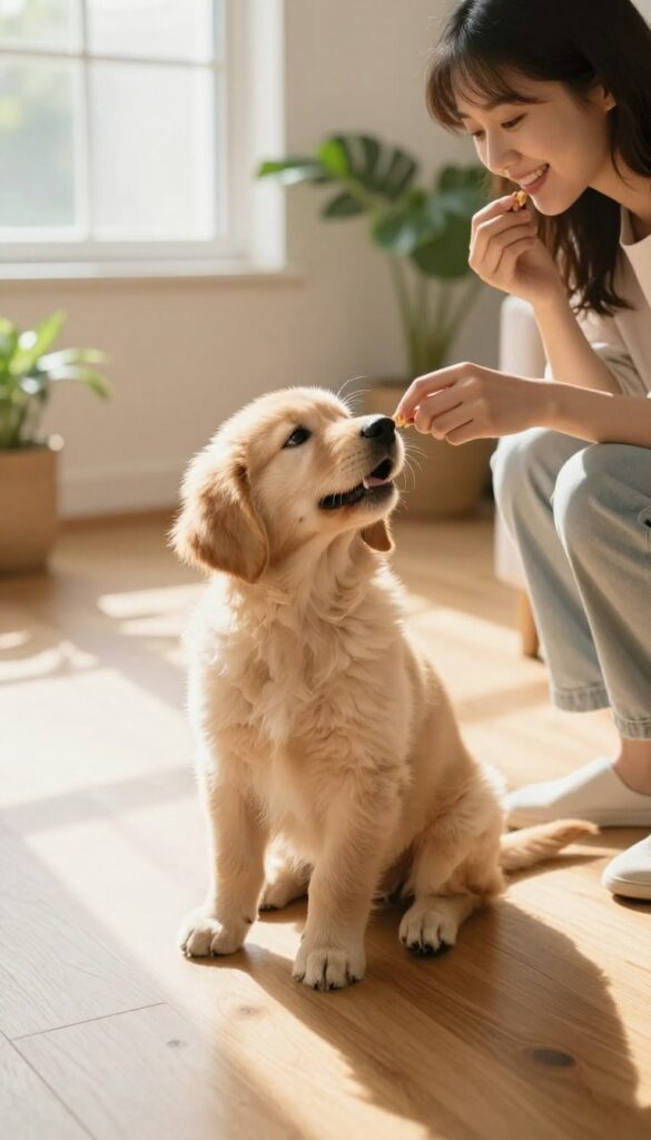 A puppy meeting a friendly stranger indoors, with the person offering a treat and the puppy looking happy and relaxed.