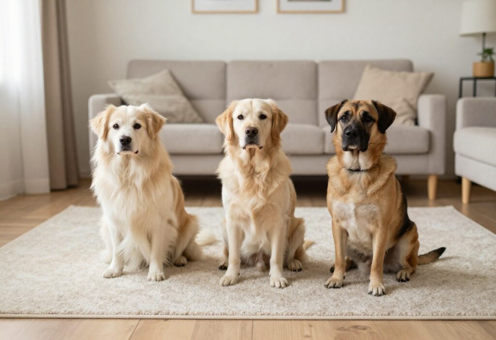 Multiple dogs sitting calmly together in a bright living room