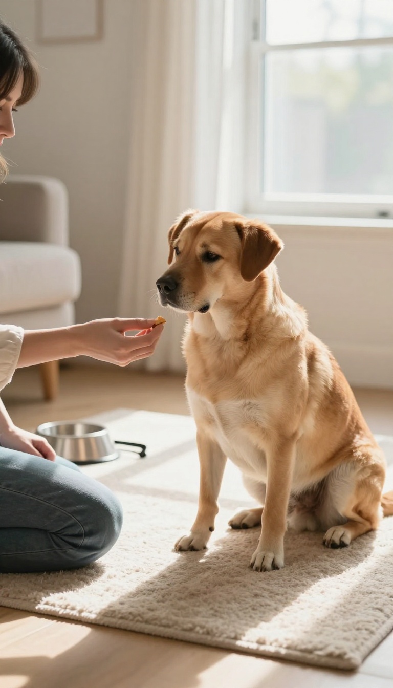 Shy dog receiving a treat during a calm routine moment in a bright living room