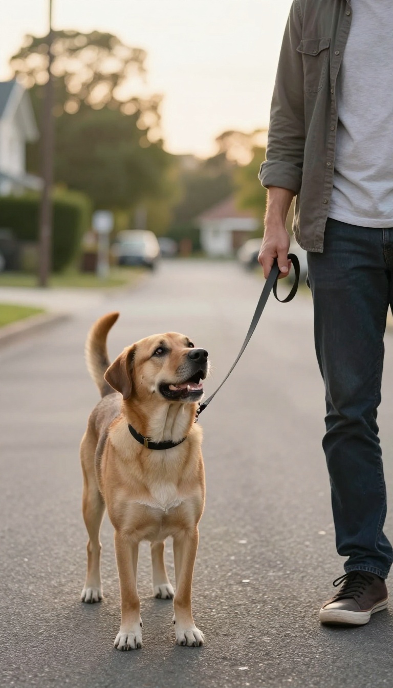 Person and dog walking calmly on a quiet street with a loose leash, during a training session.