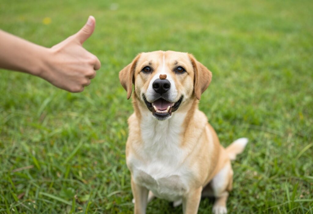 Dog balancing a treat on its nose during training