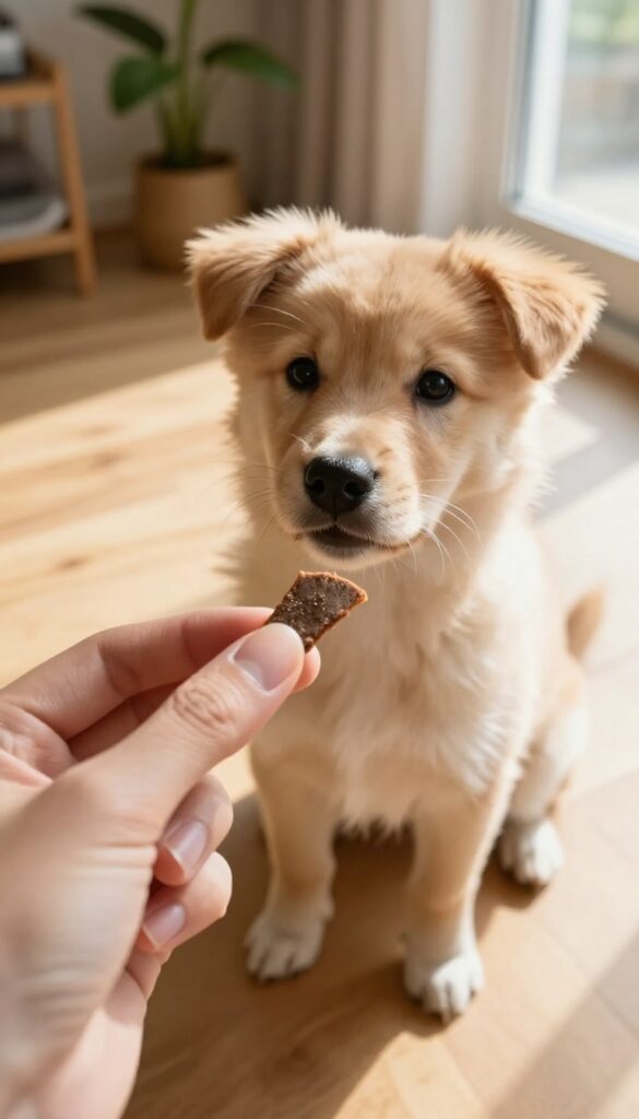 Hand offering a high-value treat to a focused puppy during training
