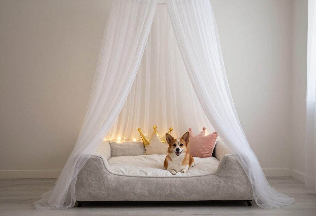 Dog resting in a princess-style canopy bed with sheer white fabric and soft lighting