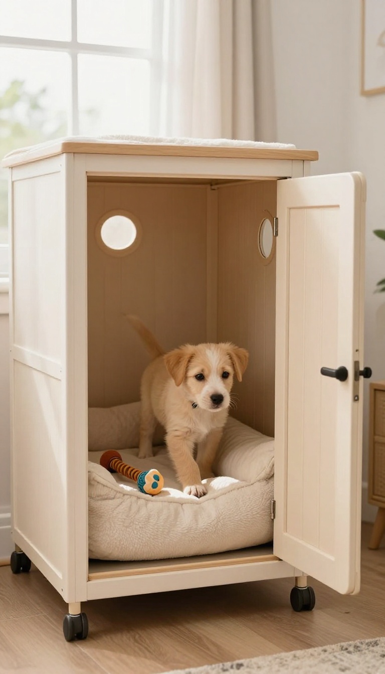 A puppy voluntarily entering a cozy, well-prepared crate with soft bedding and a toy in a bright living room.