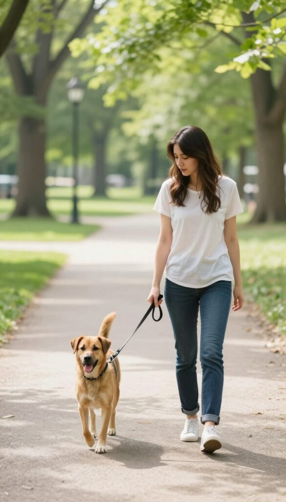 Person pausing during a walk with a dog on a loose leash in a sunny park
