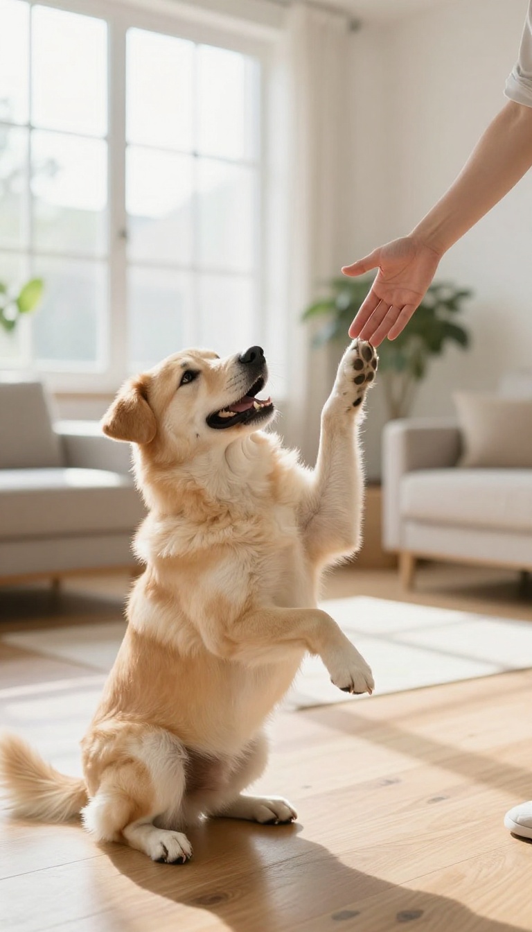 Dog giving a high five to a human hand in a bright living room