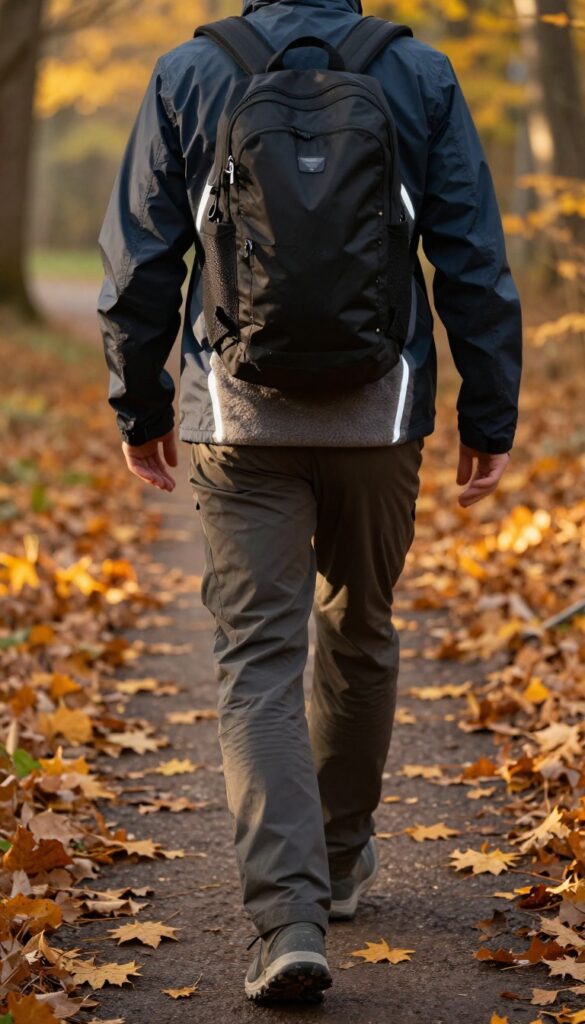 Person walking on an autumn path at dusk, wearing layered clothing with reflective strips, showcasing comfortable and safe outfit for changing temperatures.