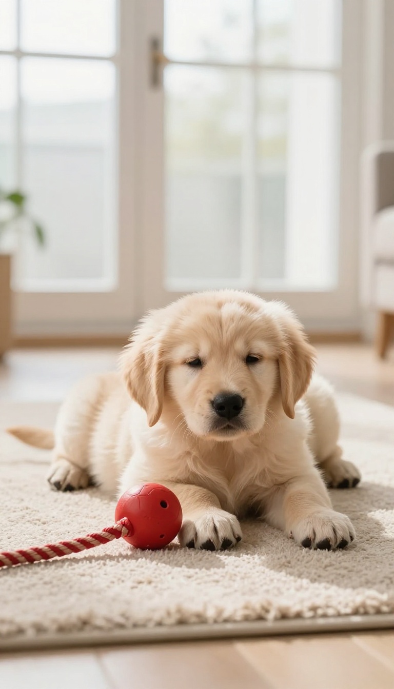 A tired puppy resting calmly on a rug after exercise, ready for alone time