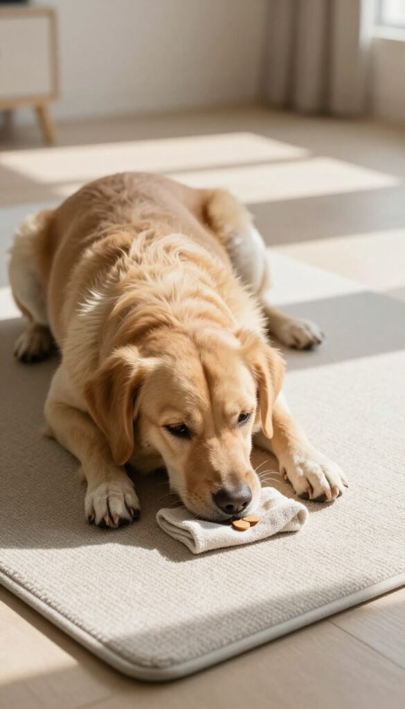 Dog engaging in a mat puzzle game, nosing a rolled towel on a mat in a bright room.