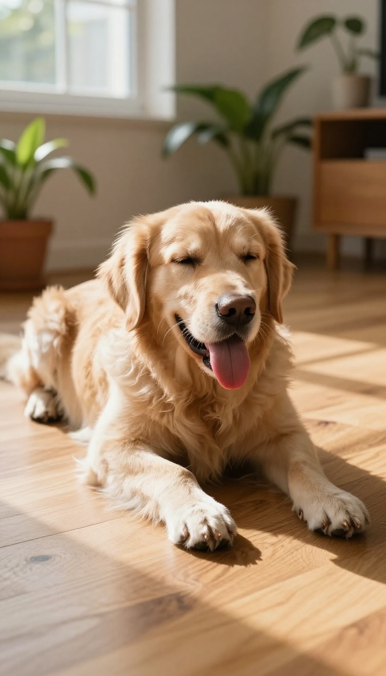 Golden retriever playing dead on a wooden floor in a bright living room