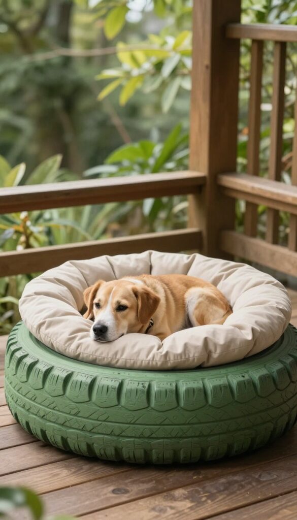 A recycled tire painted sage green with a beige cushion, used as a dog bed on a shaded porch