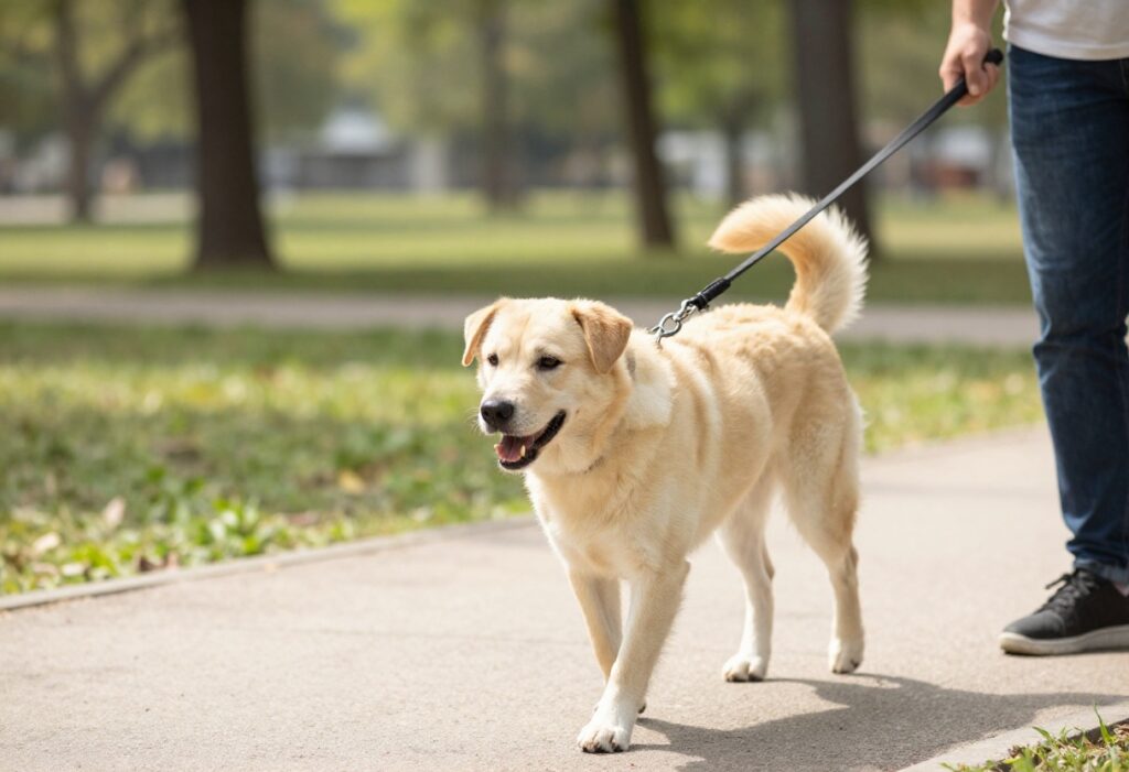 Dog walking calmly on a loose leash in a park with its owner
