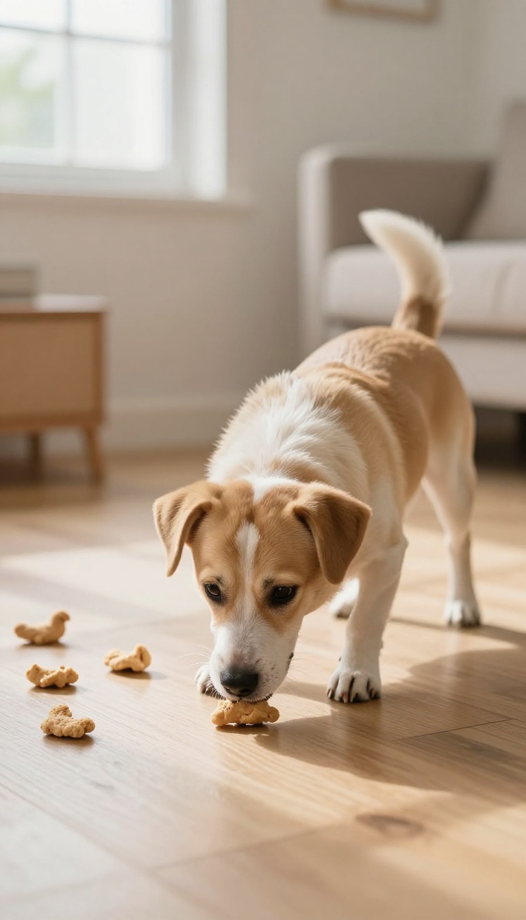 Shy dog sniffing treats on a living room floor during a scavenger hunt
