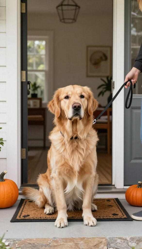 Dog sitting calmly on a mat near an open door, waiting patiently while a guest stands outside, with a person giving a hand signal.