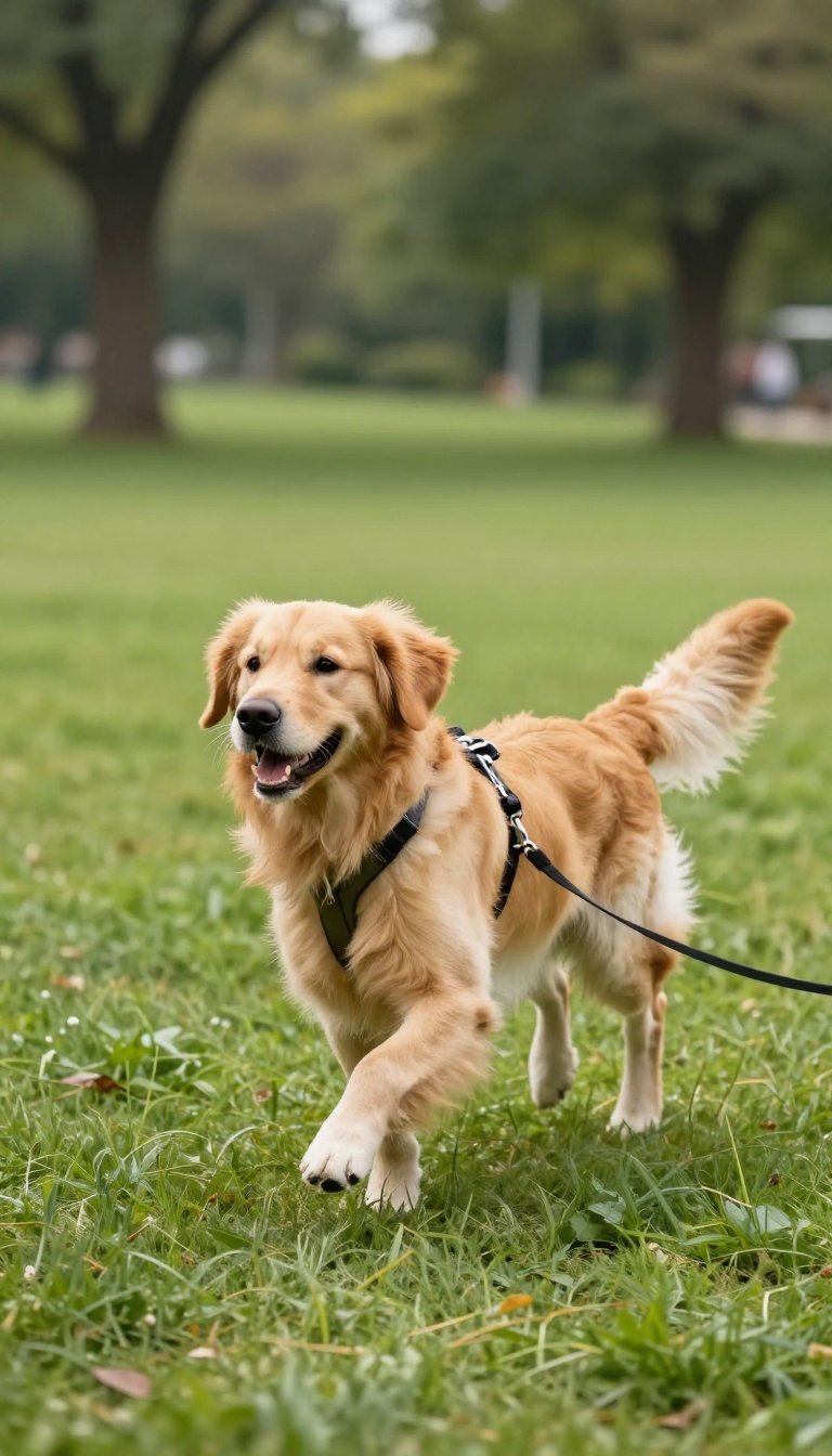 A golden retriever on a long training line running in a sunny park, looking back, representing the long line recall game.