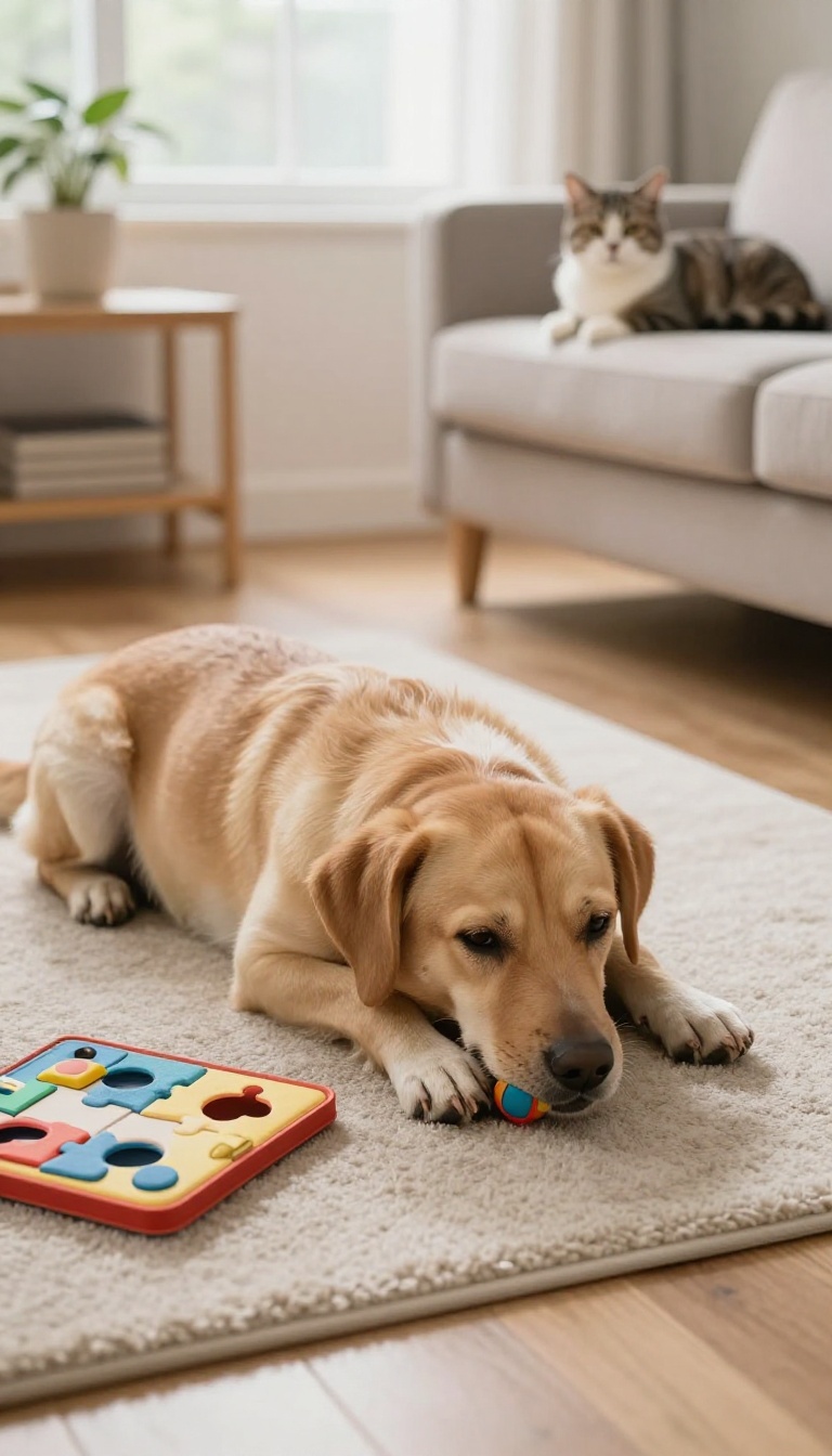 A tired dog resting on the floor with a puzzle toy and snuffle mat nearby, while a cat sits calmly on the sofa, illustrating the benefits of increased physical and mental exercise for reducing cat-chasing behavior
