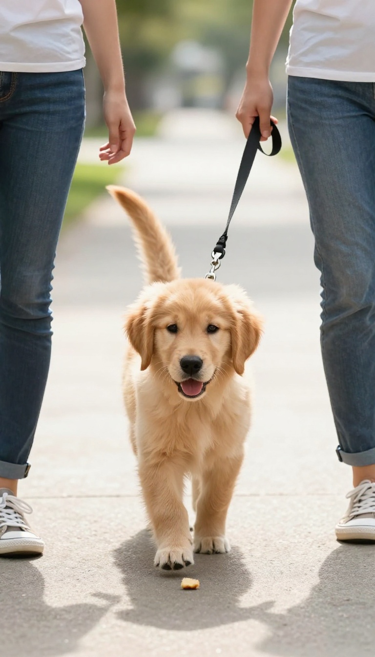Puppy on a leash looking at its owner instead of a treat on the ground, illustrating the 'leave it' training skill.