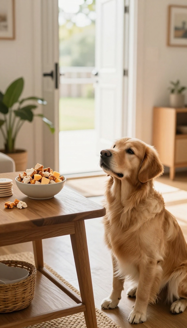 A dog sitting calmly by a bowl of treats near a bright front door, ready for positive reinforcement training.
