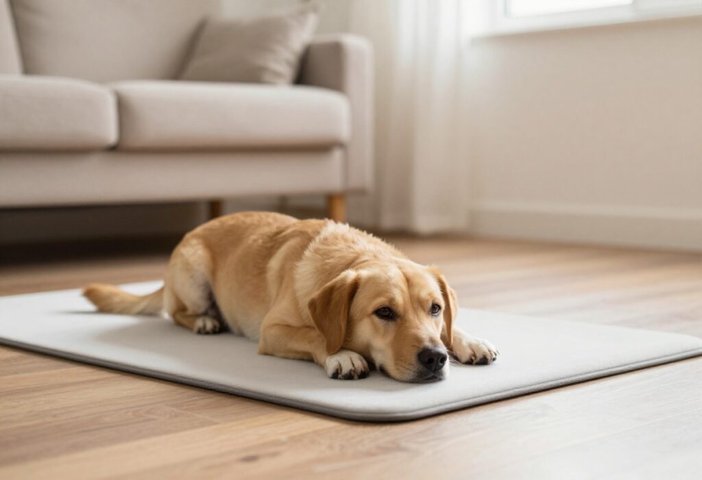 Dog lying calmly on a mat in a living room