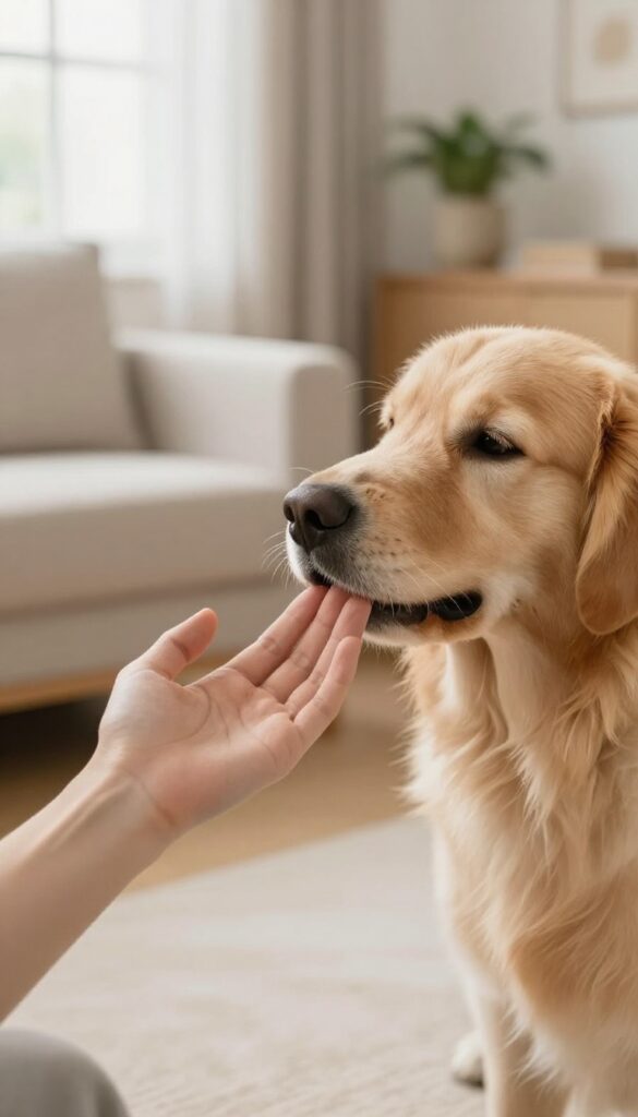 Puppy touching its nose to a person's hand in a bright living room