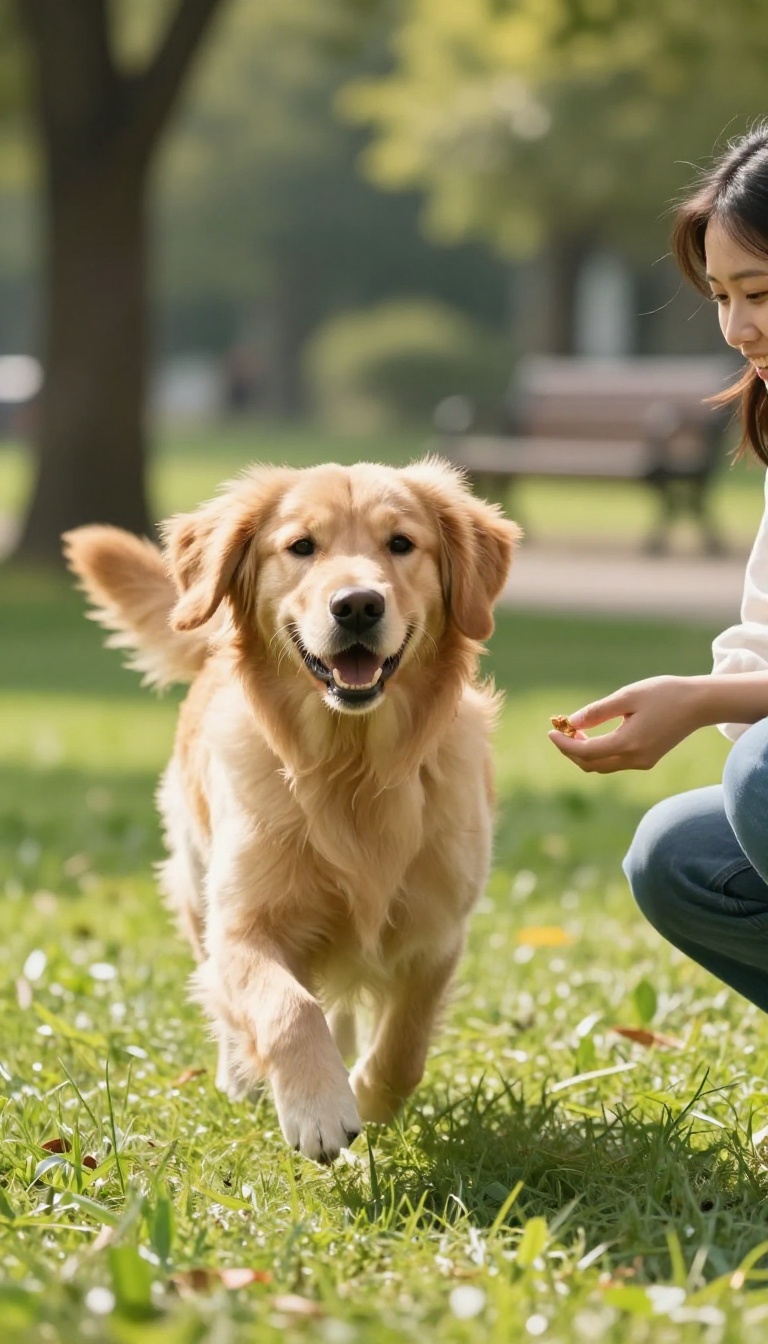 A golden retriever running to its owner in a park during a recall training session.
