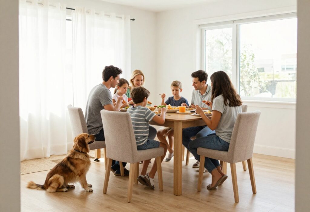 A calm dog lying on a mat while a family eats dinner at the table
