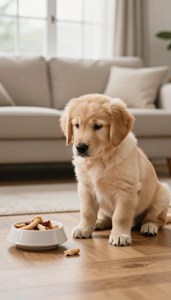 Puppy sitting calmly looking at a high-value treat on the floor in a bright living room