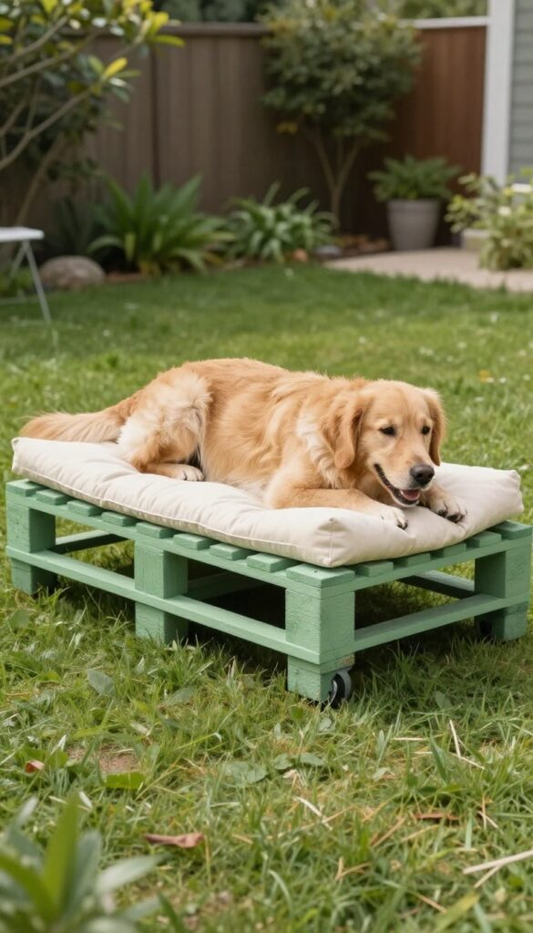 A dog resting on a pallet wood lounger with a cushion in a sunny backyard