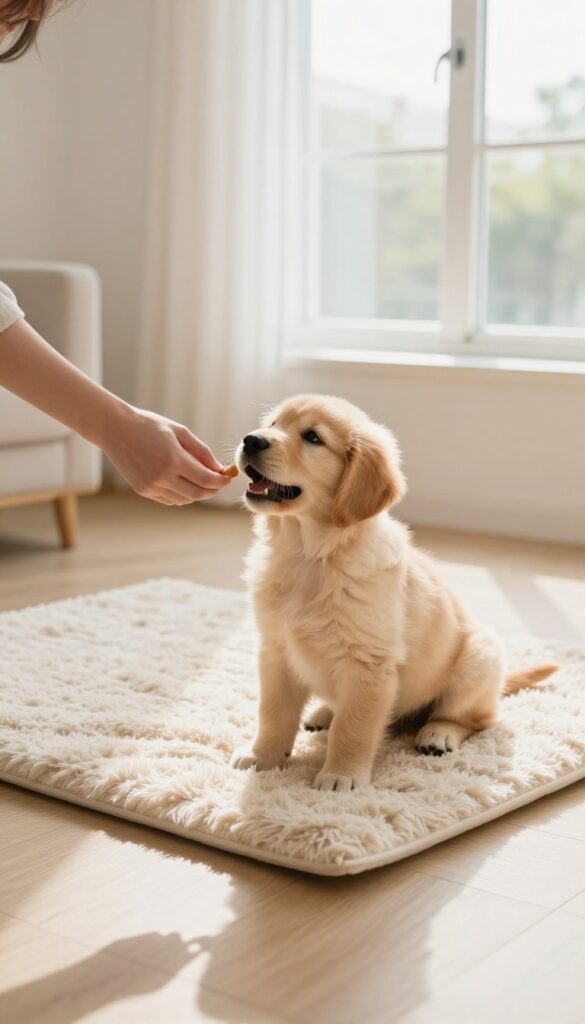 Golden retriever puppy sitting calmly on a mat while receiving a treat in a bright living room