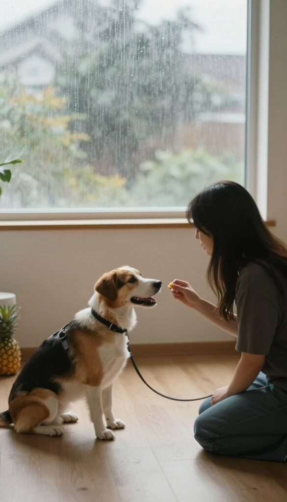 Dog training recall with a long line indoors on a rainy day