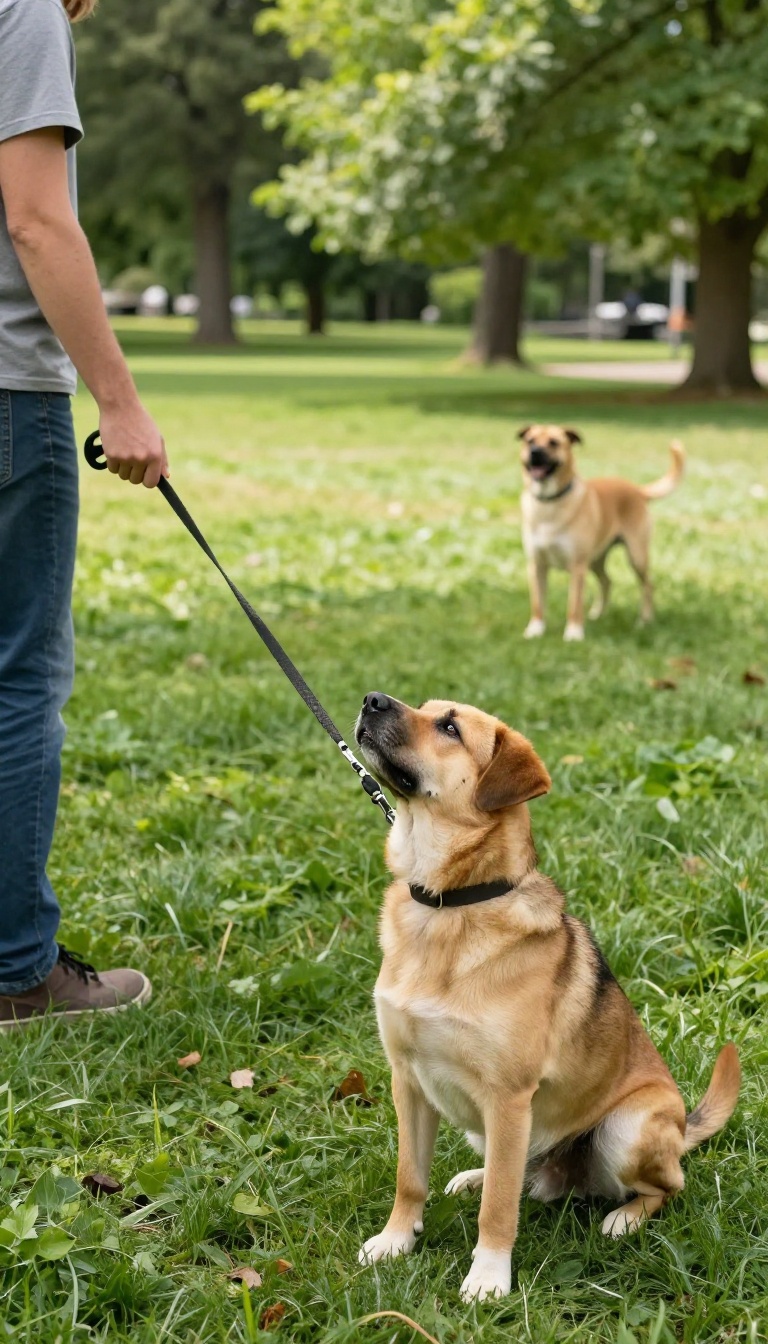 Dog training recall at a distance in a park with another dog in the background