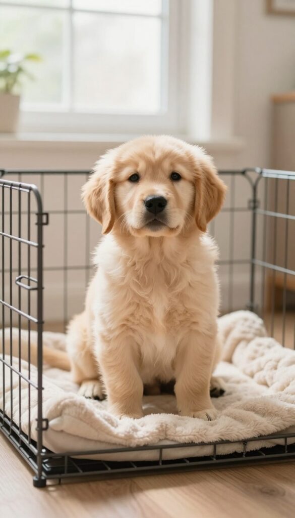 Calm golden retriever puppy sitting quietly in a cozy crate with a blanket and toy, bathed in natural light.