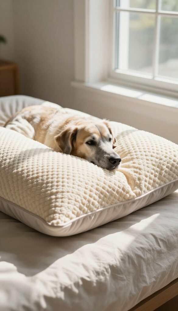 Senior dog resting on an orthopedic egg-crate foam dog bed pillow in a bright living room
