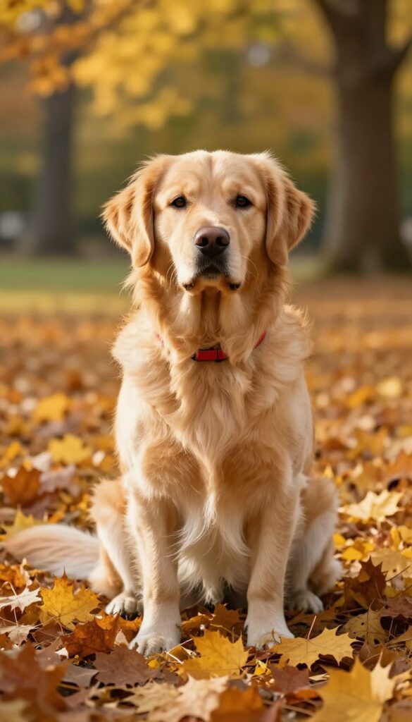 Golden retriever sitting on fall leaves in golden light during a training photo shoot