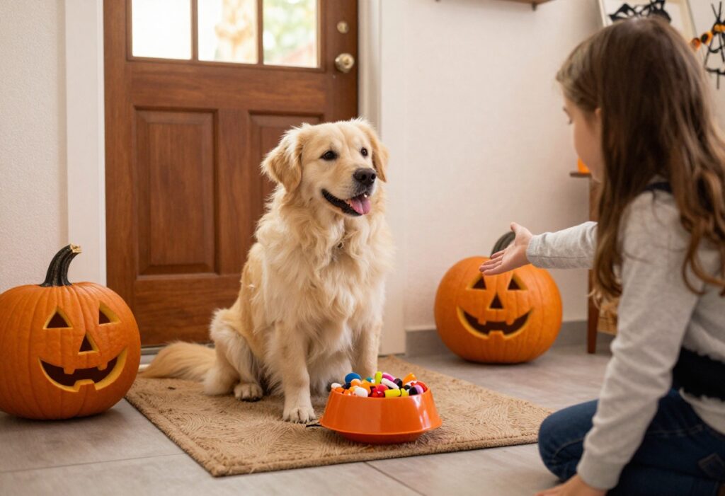 Dog sitting politely on a mat near a doorway with Halloween decorations and candy