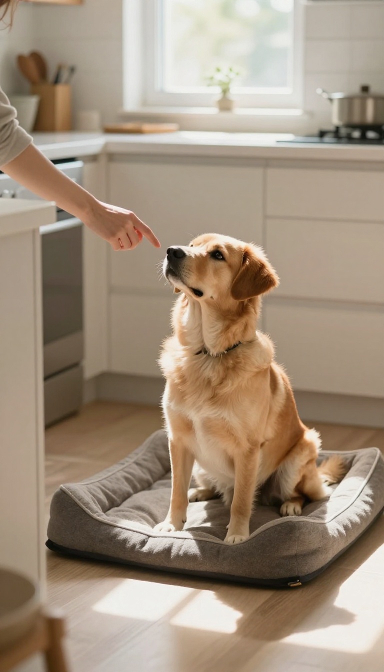 A calm dog being gently redirected away from the counter by its owner in a bright kitchen.