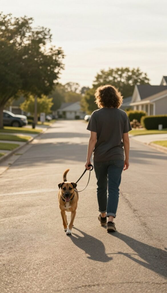 Person walking a dog calmly on a leash in golden sunlight, illustrating patience and consistency in dog training.