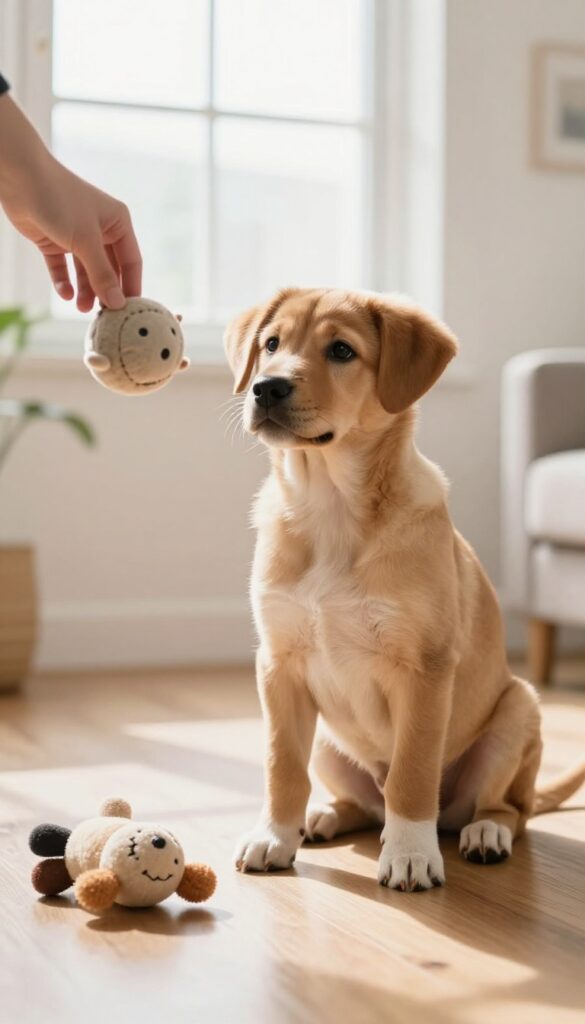 Puppy in stay position with a soft toy nearby as a mild distraction in a bright living room.