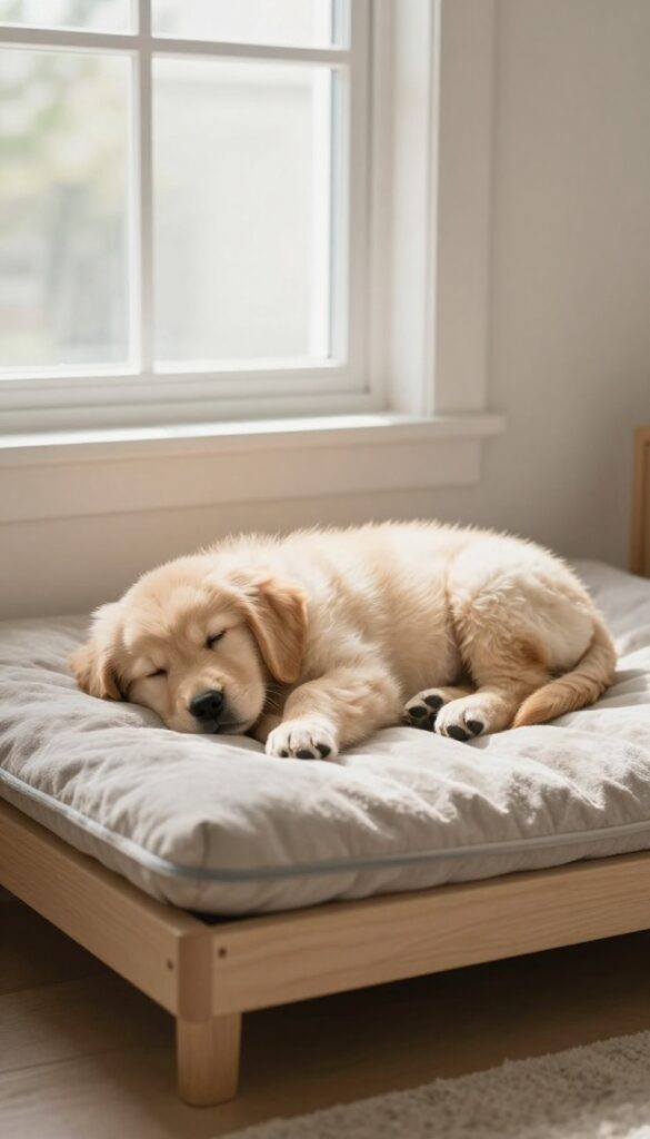 A golden retriever puppy sleeping peacefully on a cozy dog bed in a bright, quiet living room corner.